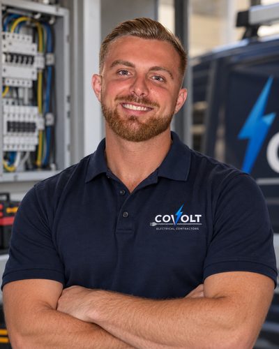 Colton, licensed electrician and owner of Covolt, on site in front of a switchboard and the Covolt van
